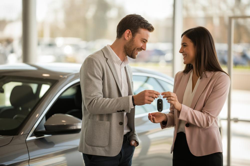 Sprzedawca przekazuje kluczyki klientowi podczas sprzedaży samochodu